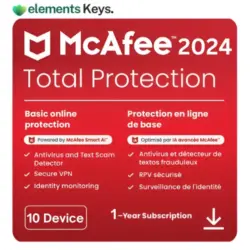McAfee Total Protection 2024 – 10 Device , 1 Year (PC/Mac/Android/iOS)
