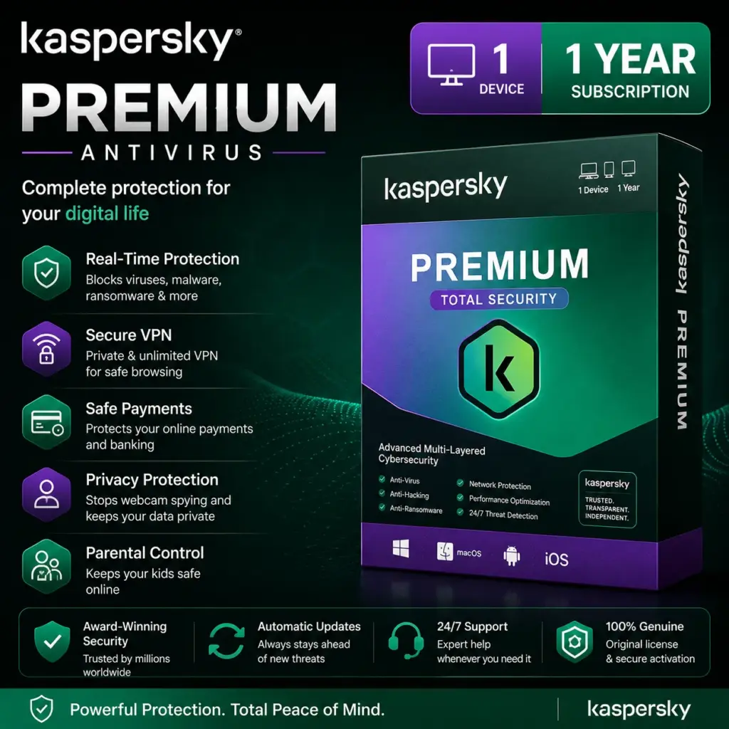 Kaspersky Premium Antivirus | Total Security | 1 Device | 1 Year Subscription